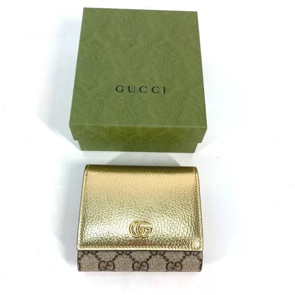 GUCCI Compact wallet GG Marmont Folded wallet Leather Gold/Beige - Picture 2 of 7